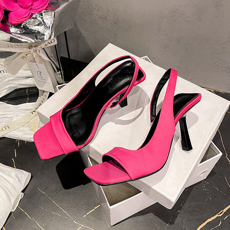 2024 New Summer Silk Rose Red Square Toe Fairy Style Sexy Versatile High Heel Women's Shoes - Image 3