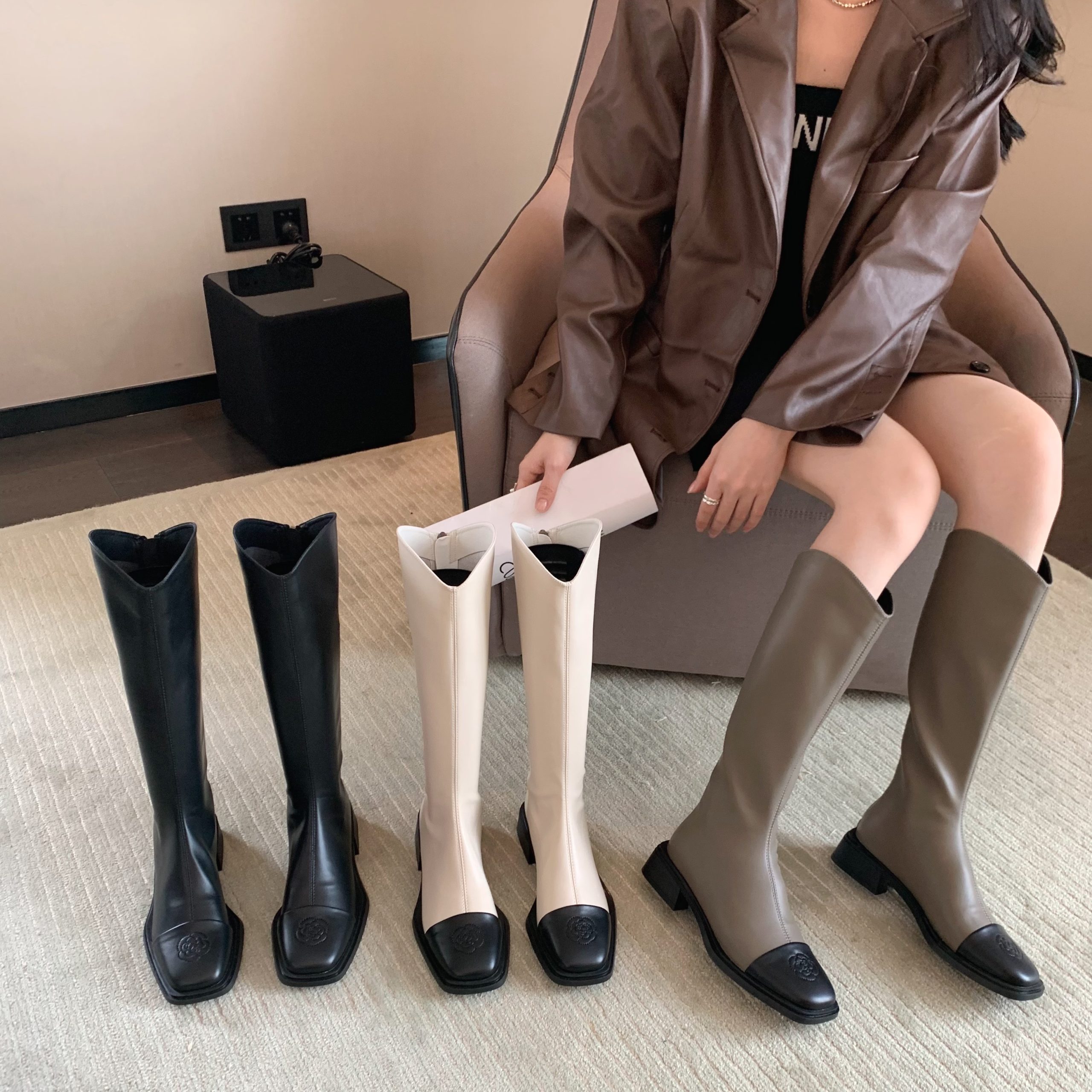 French Style Chunky Heel Slim Tall Boots for Women 2024 Autumn Winter New Trendy British Fashion Versatile High Boots