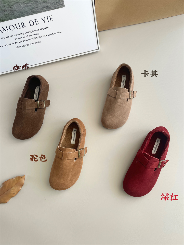 Genuine Leather Vintage Flat Shoes 2024 Winter New Birkenstock Style Suede Round Toe Chunky Shoes Trendy