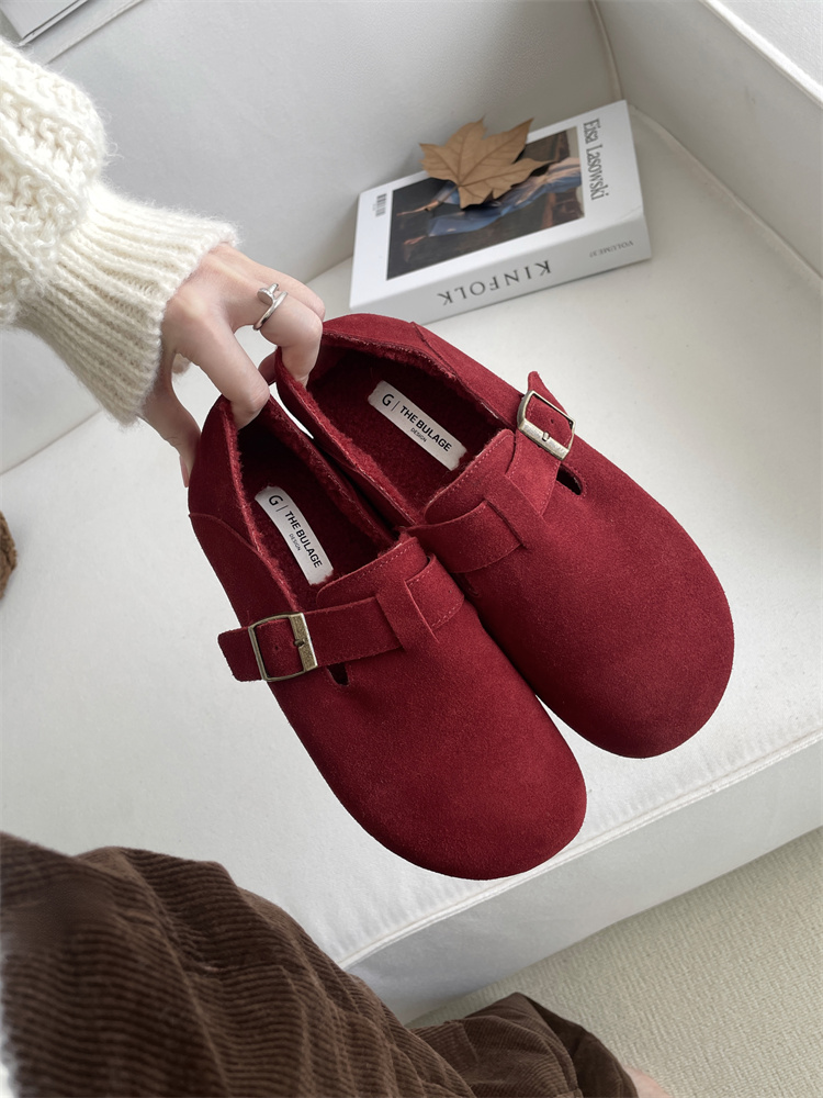 Genuine Leather Vintage Flat Shoes 2024 Winter New Birkenstock Style Suede Round Toe Chunky Shoes Trendy - Image 2