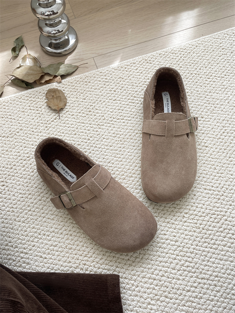 Genuine Leather Vintage Flat Shoes 2024 Winter New Birkenstock Style Suede Round Toe Chunky Shoes Trendy - Image 3
