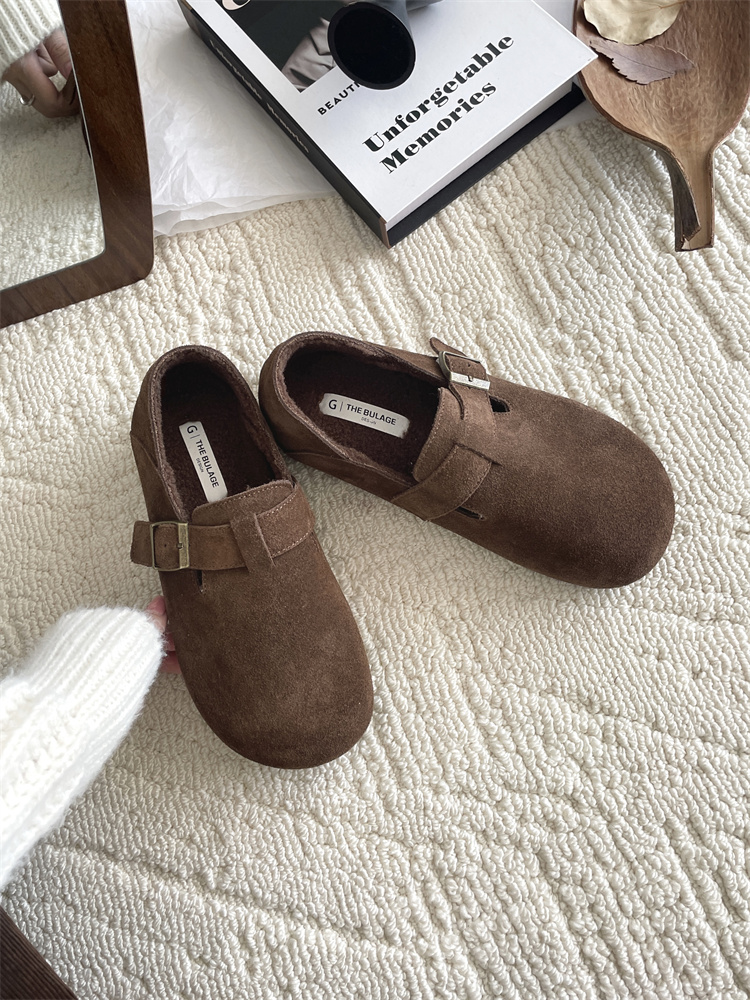 Genuine Leather Vintage Flat Shoes 2024 Winter New Birkenstock Style Suede Round Toe Chunky Shoes Trendy - Image 4