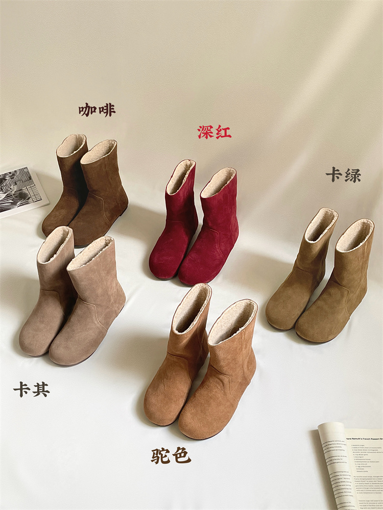 Genuine Leather Two-Way Furry Snow Boots Women Warm Lined Short Boots Retro Round Toe Birkenstock