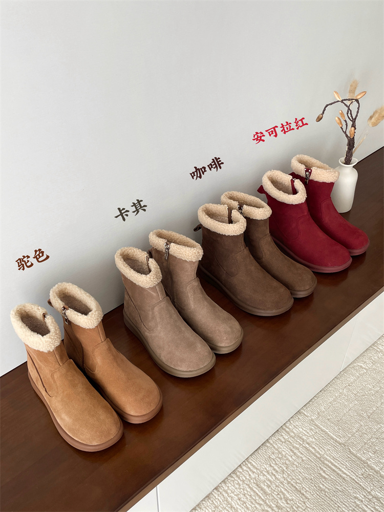 New Genuine Leather Thick Sole Snow Boots Women Forest Retro Cotton Lined Side Zipper Fur Short Boots