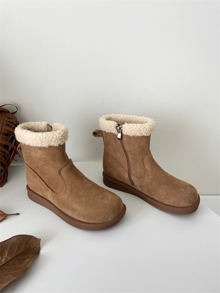 New Genuine Leather Thick Sole Snow Boots Women Forest Retro Cotton Lined Side Zipper Fur Short Boots - Image 2