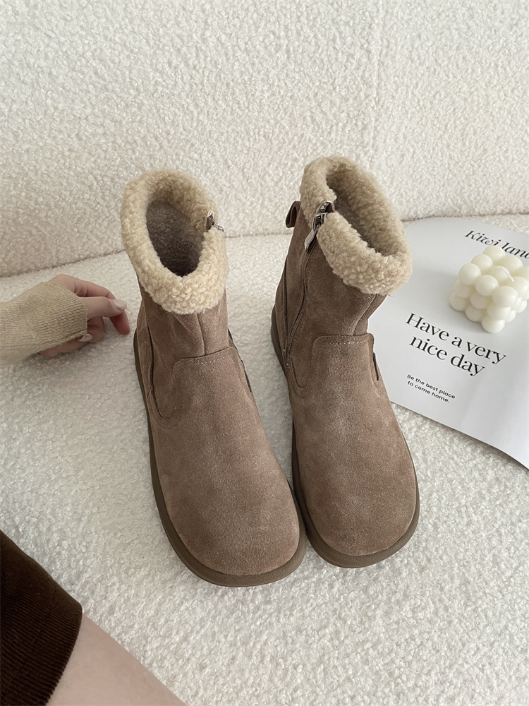 New Genuine Leather Thick Sole Snow Boots Women Forest Retro Cotton Lined Side Zipper Fur Short Boots - Image 3