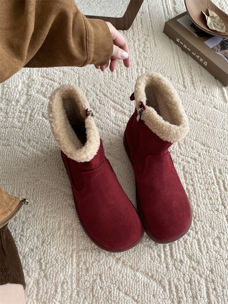 New Genuine Leather Thick Sole Snow Boots Women Forest Retro Cotton Lined Side Zipper Fur Short Boots - Image 4