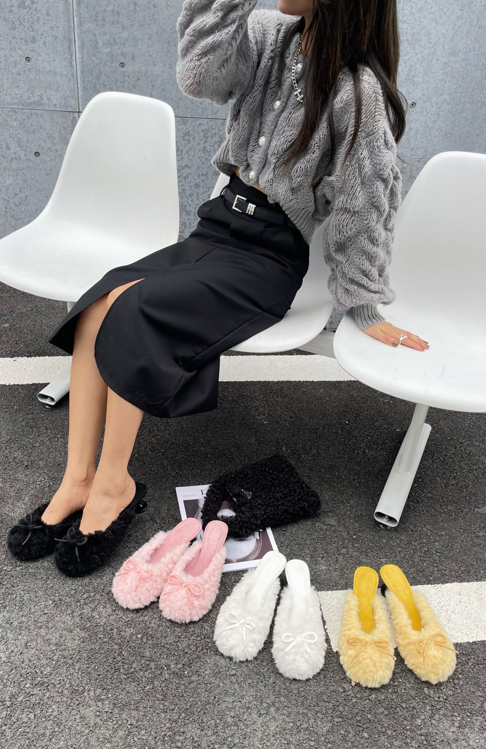 Fashion Round Toe Fur Slippers Cute Bow Sweet Korean Style Novel Heel Versatile Women's Shoes