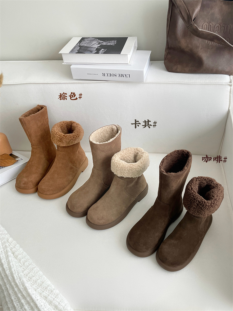 Versatile Leather Flat Casual Two-Way Lined Women's Short Boots Korean Style 2024 Winter New Martin Boots Mid-Calf Cotton Boots