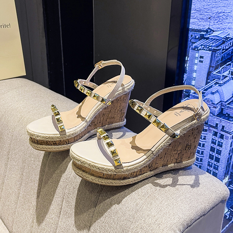 2025 New Summer Rivet High Heel Woven Wedge Open Toe Sandals Ankle Strap Thin Strap Slippers Women Shoes - Image 4