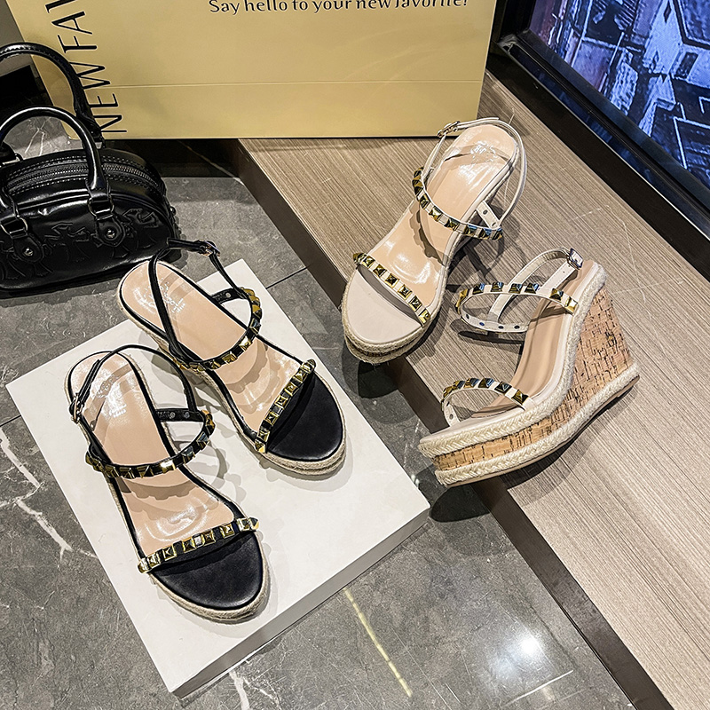2025 New Summer Rivet High Heel Woven Wedge Open Toe Sandals Ankle Strap Thin Strap Slippers Women Shoes
