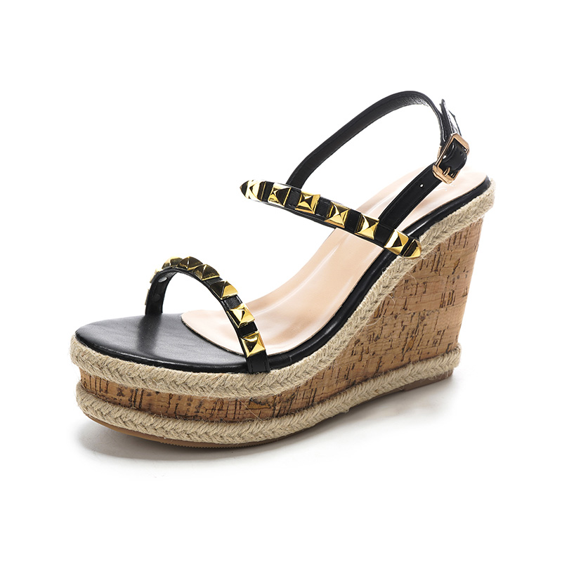 2025 New Summer Rivet High Heel Woven Wedge Open Toe Sandals Ankle Strap Thin Strap Slippers Women Shoes - Image 5
