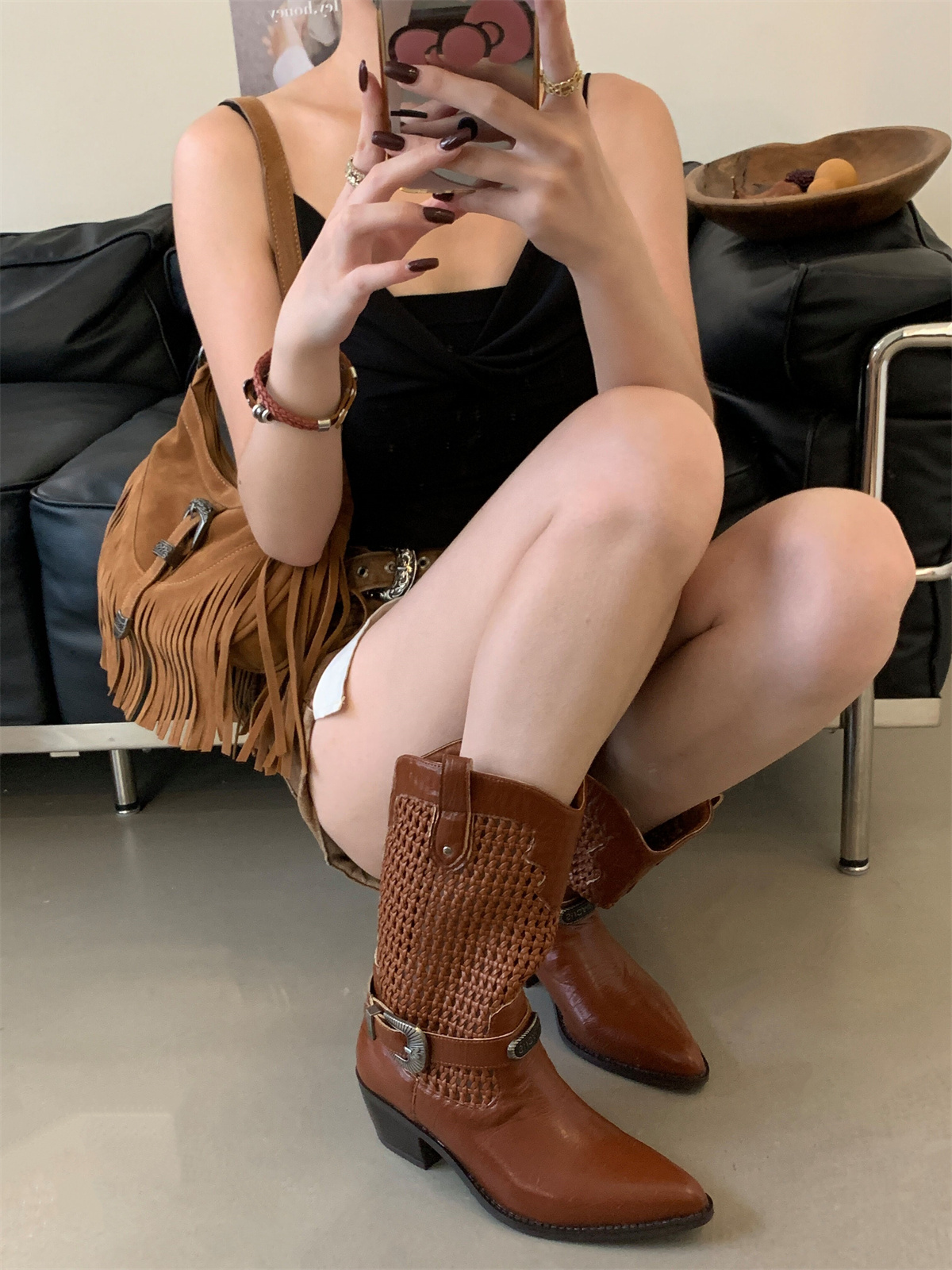 Women's Summer 2025 New Hollow Woven Chunky Heel Western Boots with Belt Buckle Pointed Toe Fashion Boots - Image 4