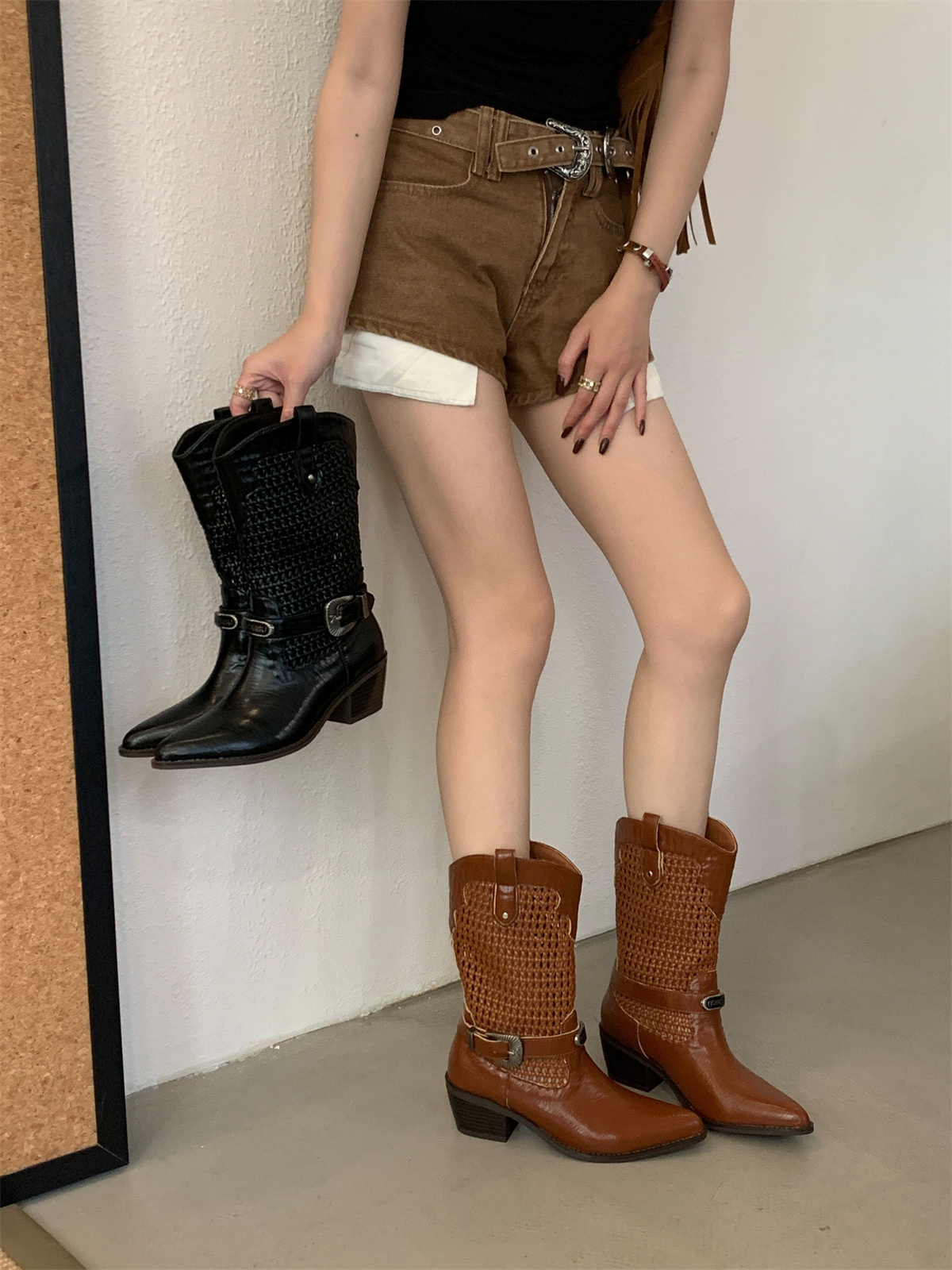 Women's Summer 2025 New Hollow Woven Chunky Heel Western Boots with Belt Buckle Pointed Toe Fashion Boots