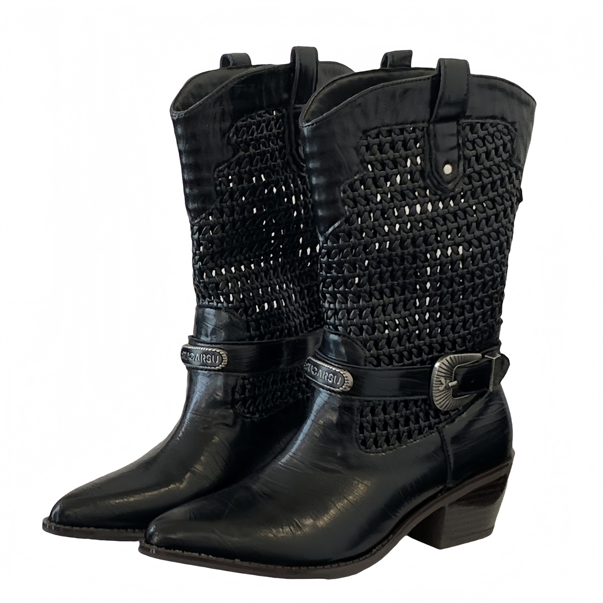 Women's Summer 2025 New Hollow Woven Chunky Heel Western Boots with Belt Buckle Pointed Toe Fashion Boots - Image 5