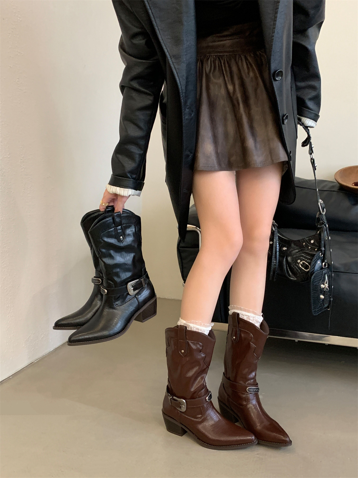Retro Buckle Mid-Calf Riding Boots for Women 2025 New Autumn Winter Style Genuine Leather Square Toe Chunky Heel Slim Western Cowboy Boots