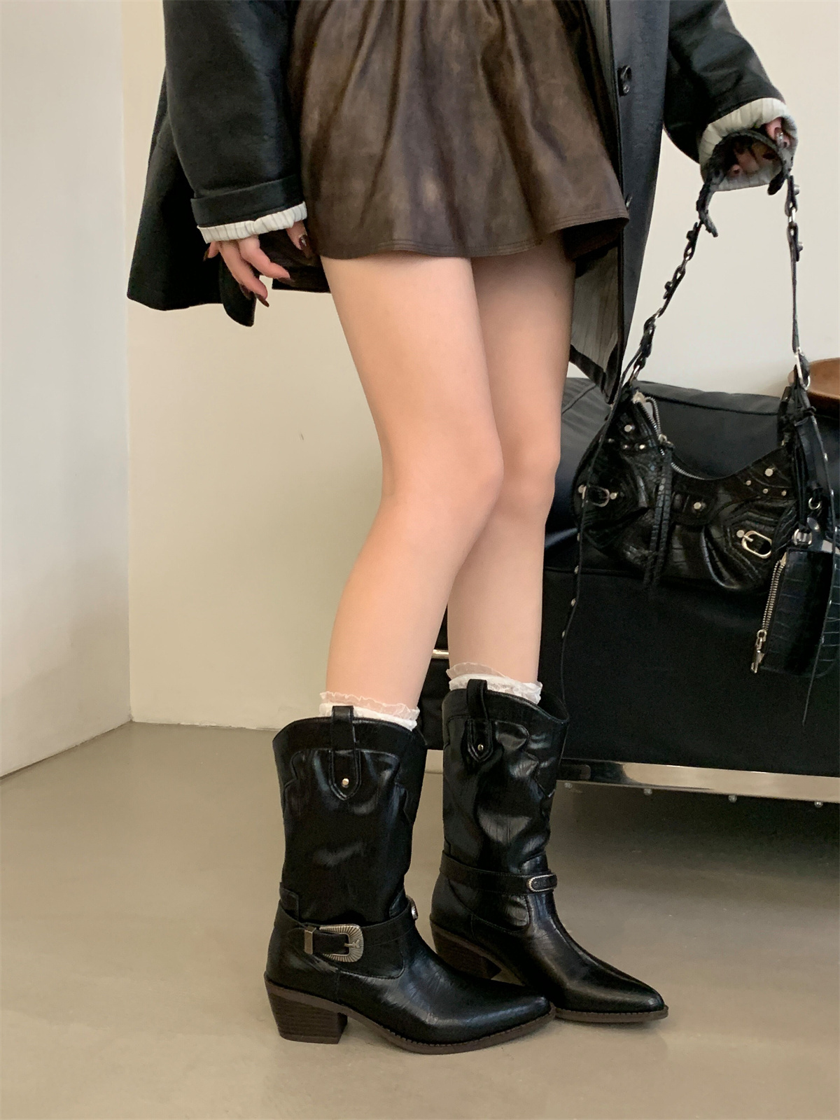 Retro Buckle Mid-Calf Riding Boots for Women 2025 New Autumn Winter Style Genuine Leather Square Toe Chunky Heel Slim Western Cowboy Boots - Image 4