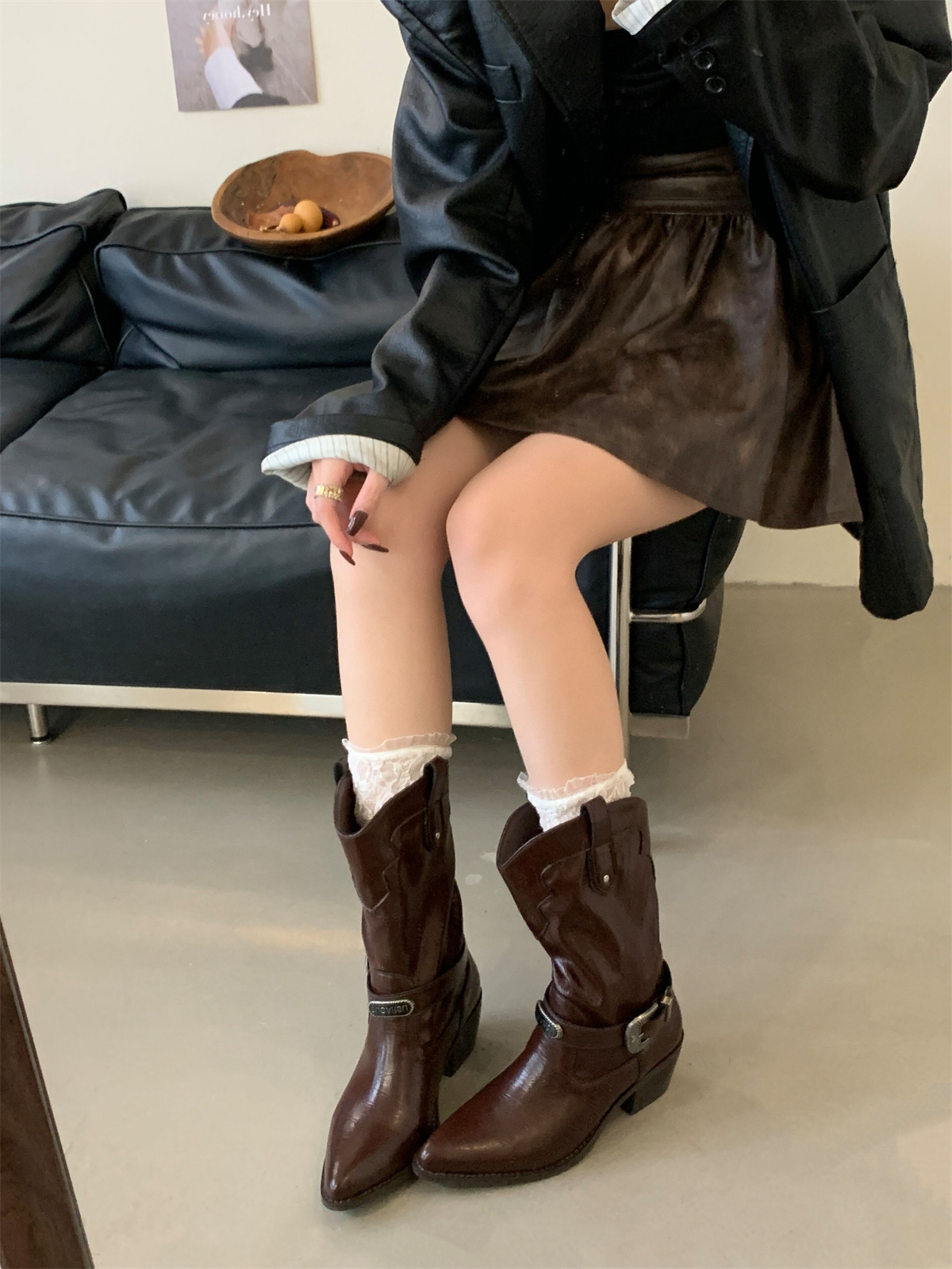 Retro Buckle Mid-Calf Riding Boots for Women 2025 New Autumn Winter Style Genuine Leather Square Toe Chunky Heel Slim Western Cowboy Boots - Image 2