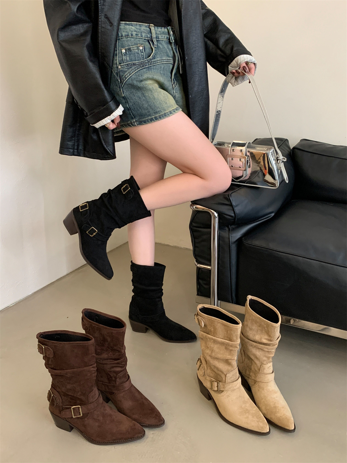 French Retro Square Toe Chunky Heel Ankle Boots Women 2025 Autumn Winter New Belt Buckle Folded Stacked Boots Slim Fit