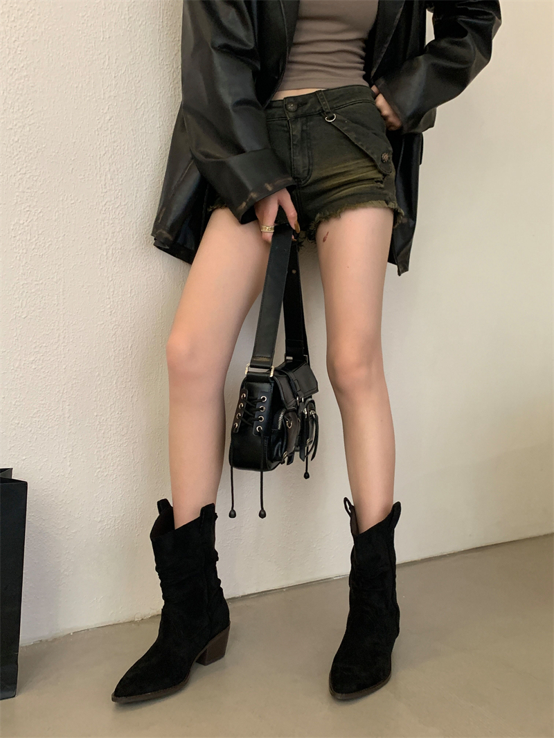 Suede V-Neck Western Cowboy Boots for Women 2025 New Retro Style Mid-Calf Chunky Heel Slouchy Boots - Image 2