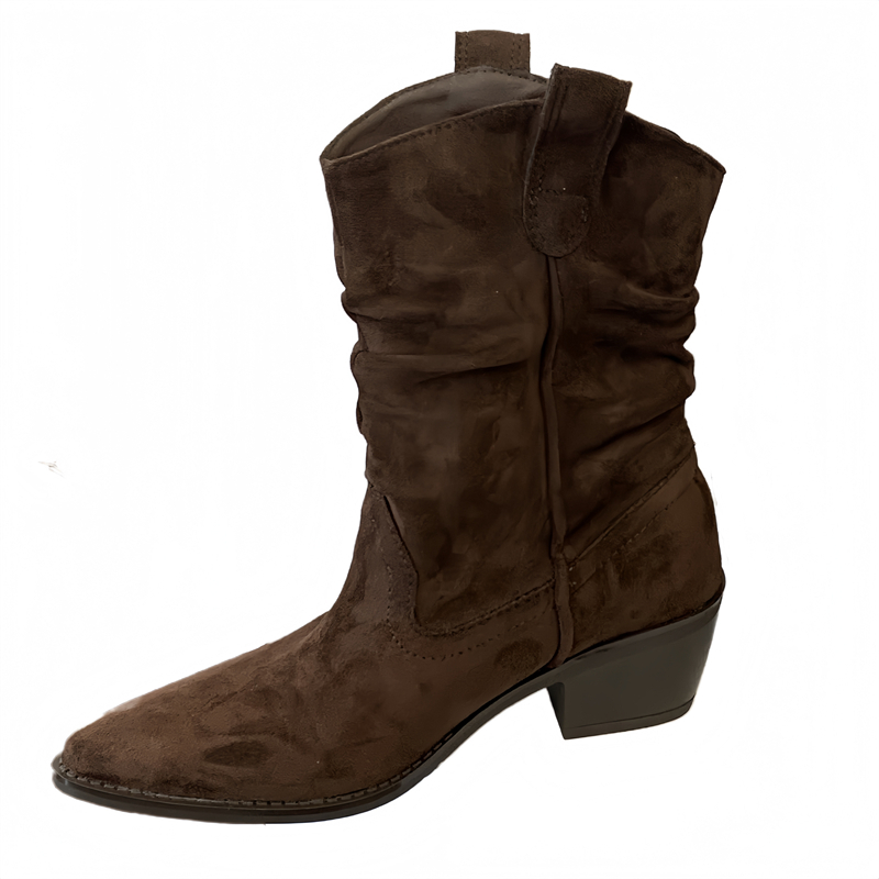 Suede V-Neck Western Cowboy Boots for Women 2025 New Retro Style Mid-Calf Chunky Heel Slouchy Boots - Image 5
