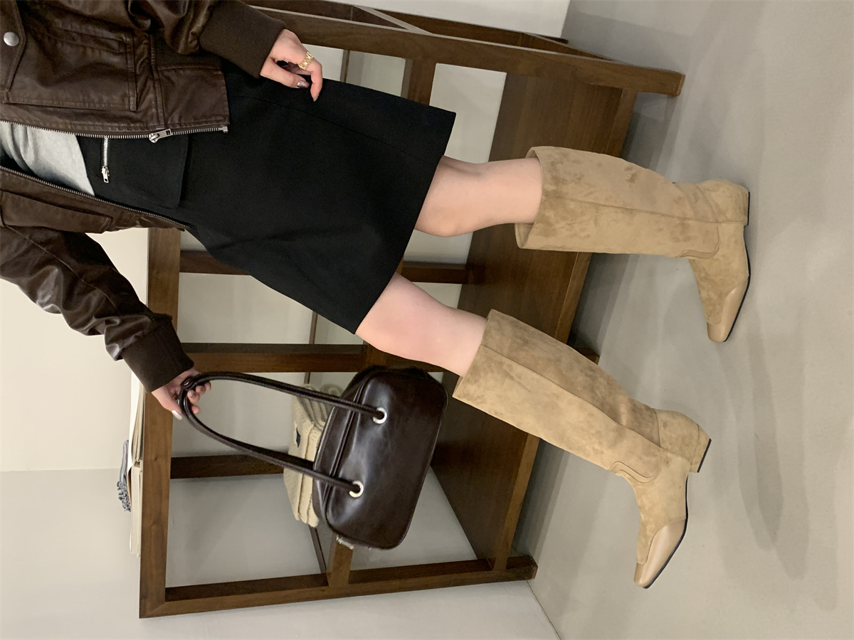Suede Tall Boots Women 2025 Autumn Winter Square Toe Hidden Heel Chunky Heel Fashion Boots Western Cowgirl Riding Boots - Image 2
