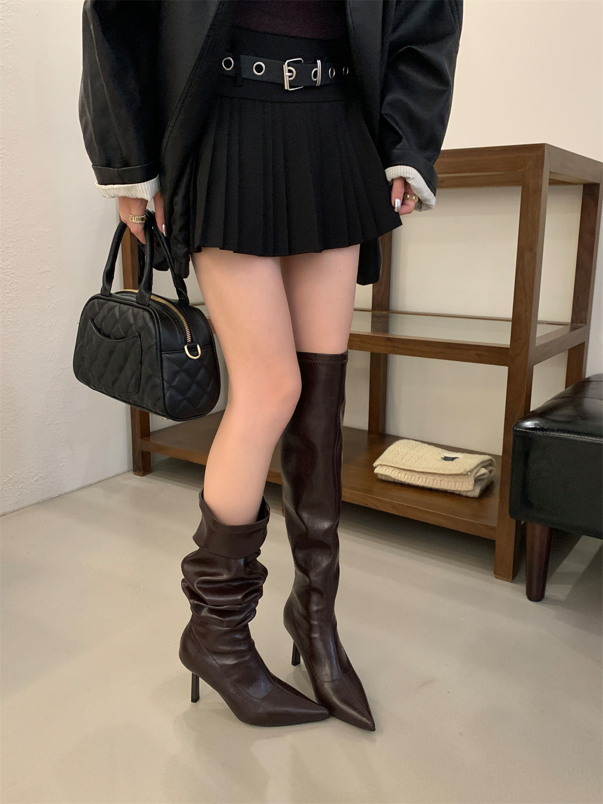 Brown High Heel Over Knee Stacked Long Boots Women 2025 New Autumn Winter Pointed Toe Slim Fit Knight Boots - Image 2