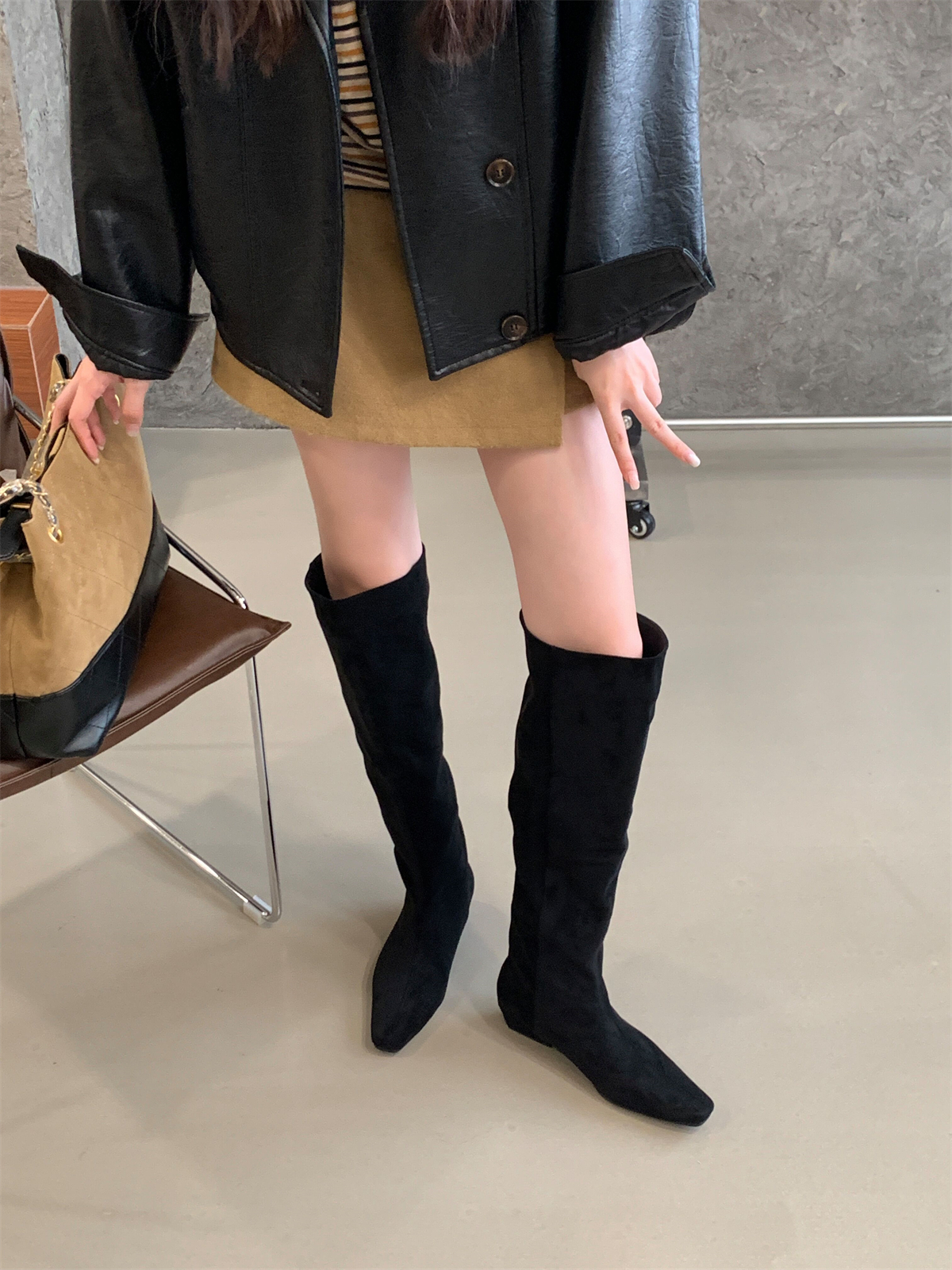 Suede Stacked Boots Mid Calf Knight Boots Women 2025 Autumn Winter Slim Tall Boots - Image 4