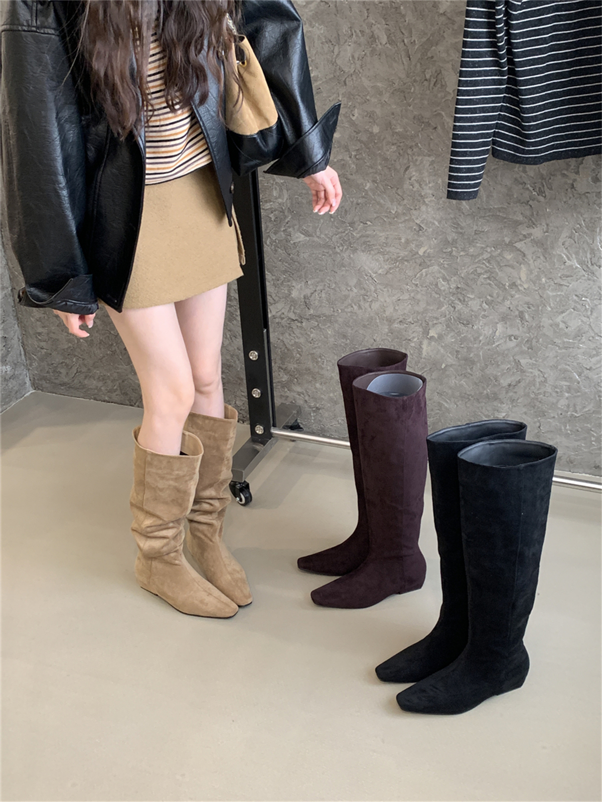 Suede Stacked Boots Mid Calf Knight Boots Women 2025 Autumn Winter Slim Tall Boots