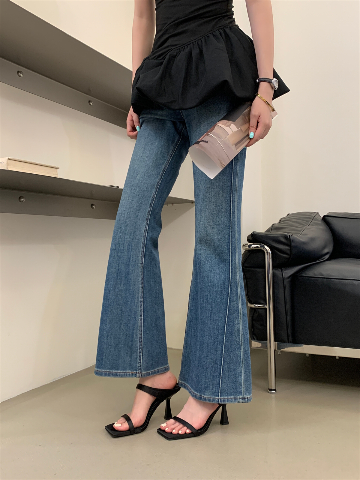 2026 Summer New Style Women's High Heel Sandals with Dresses, Silver Black One-Strap Thin Heel Slippers - Image 2