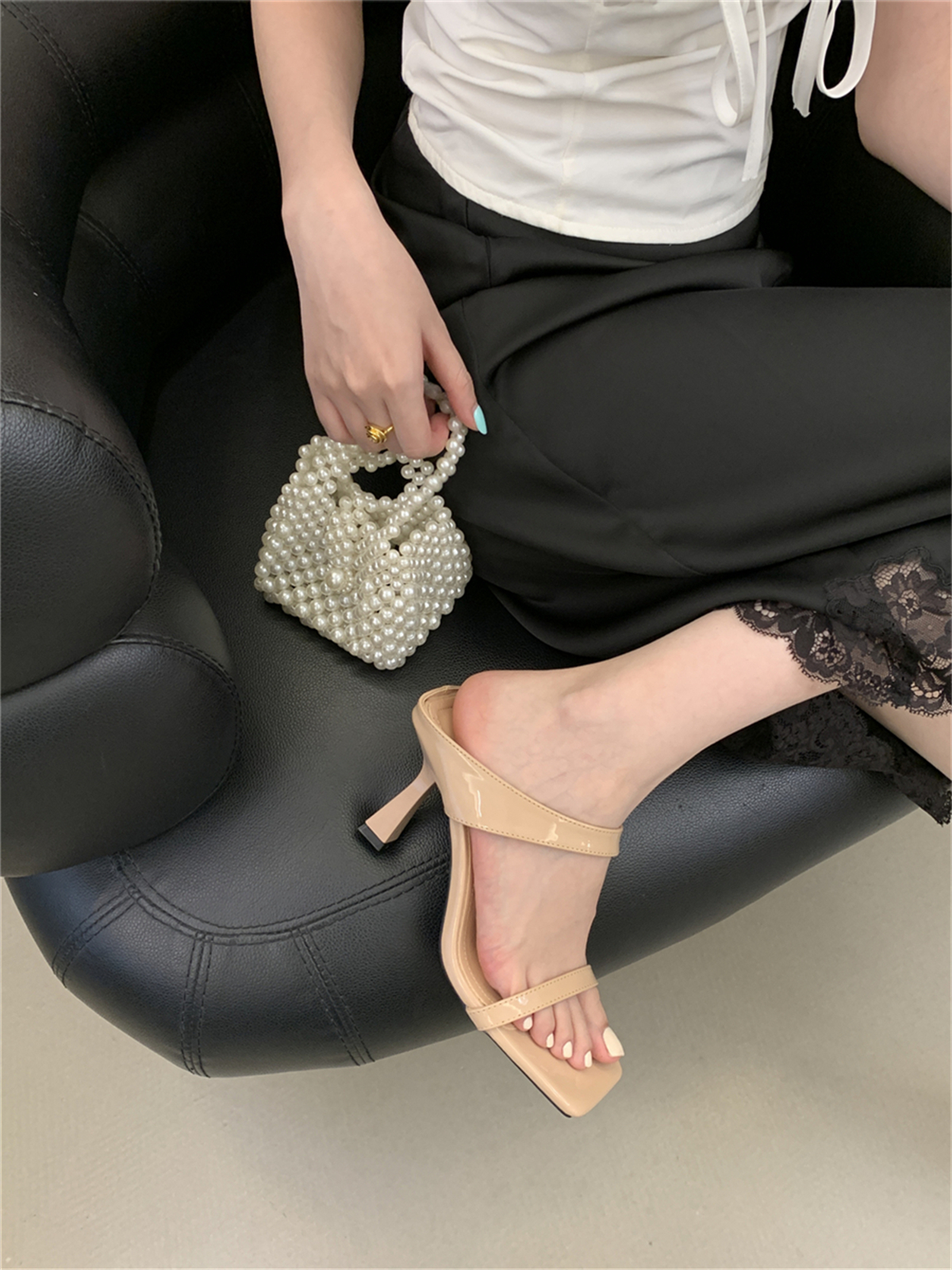 2026 Summer New Style Women's High Heel Sandals with Dresses, Silver Black One-Strap Thin Heel Slippers - Image 4