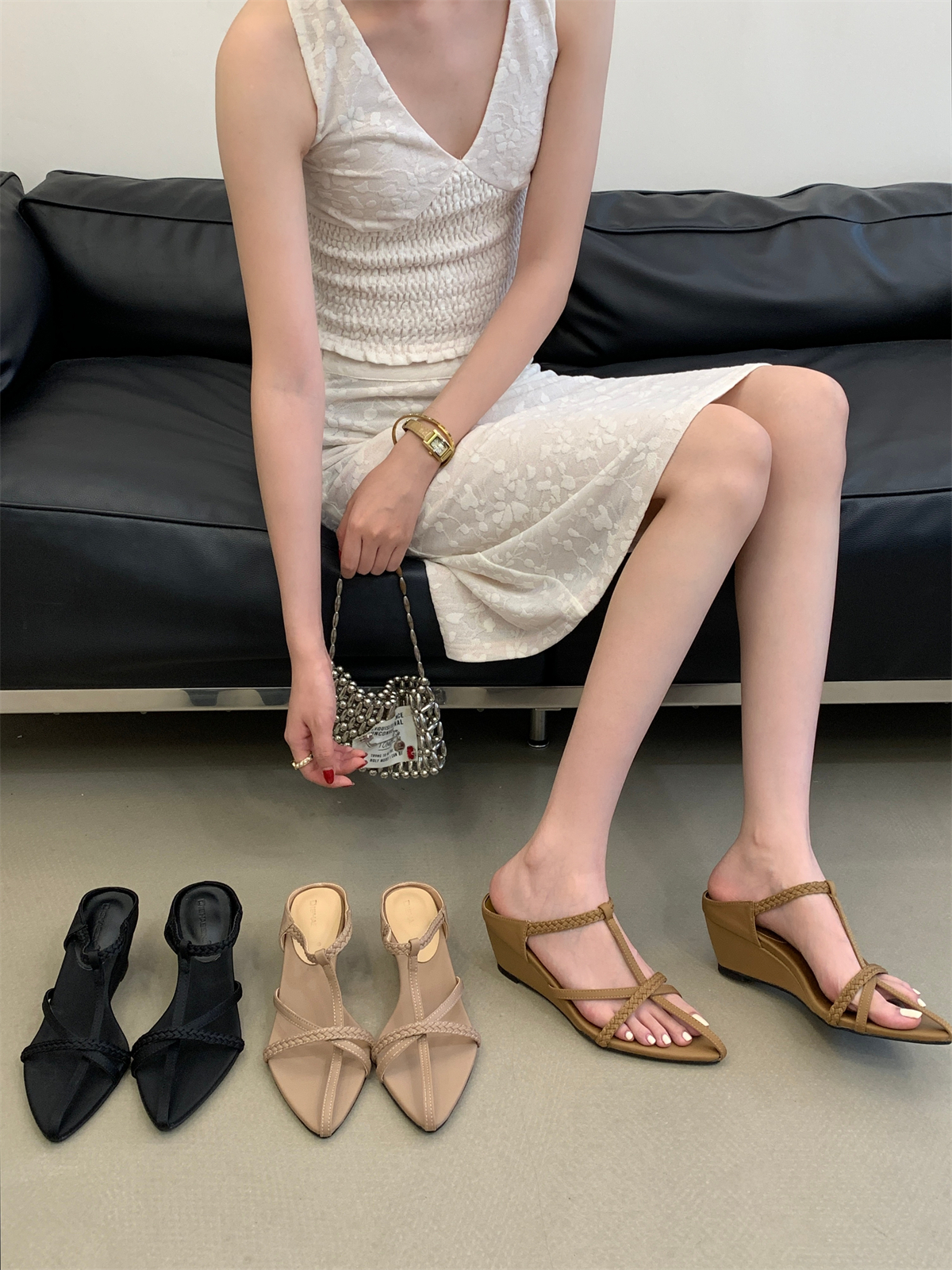 Niche Design Woven Pointed Toe Wedge Slippers for Women 2026 New Summer Light Mature Fashion Trendy Slippers