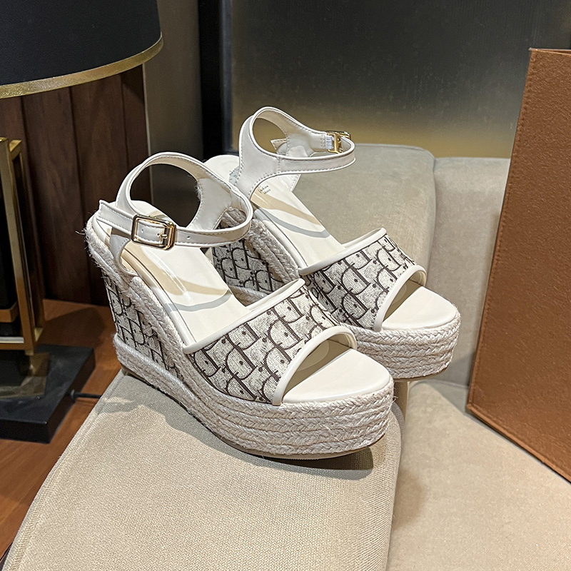 2025 Spring Summer New Light Luxury Jacquard One-Strap Buckle Heightening Waterproof Platform Woven Wedge Thick Sole Women's Sandals - Image 4