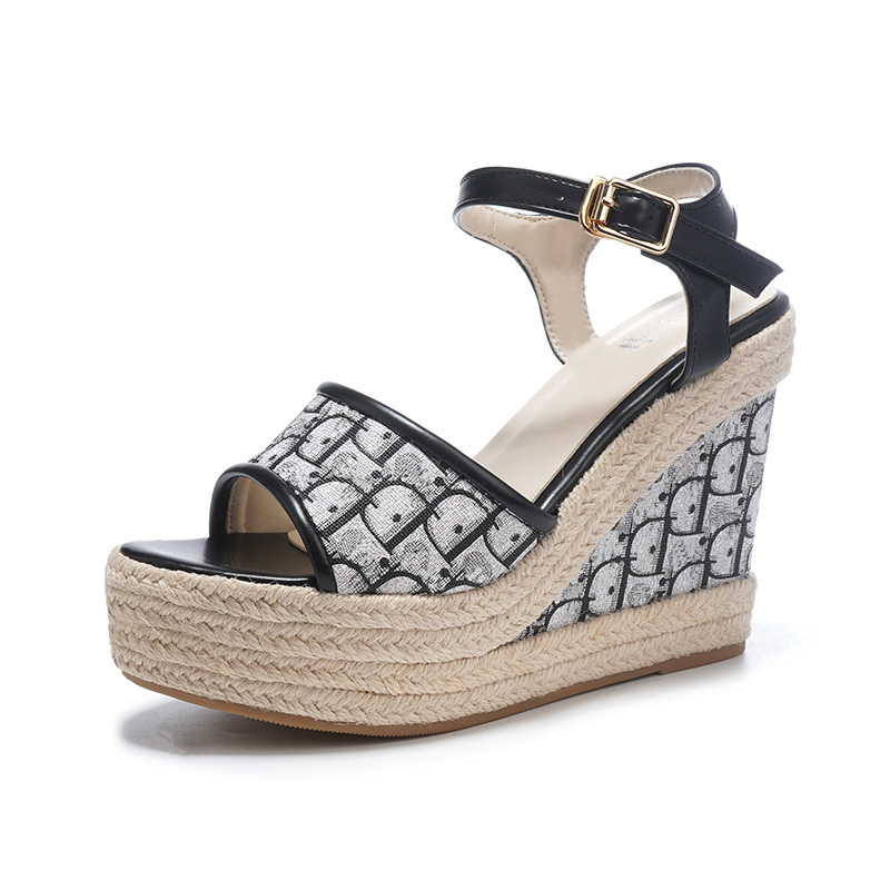 2025 Spring Summer New Light Luxury Jacquard One-Strap Buckle Heightening Waterproof Platform Woven Wedge Thick Sole Women's Sandals - Image 5