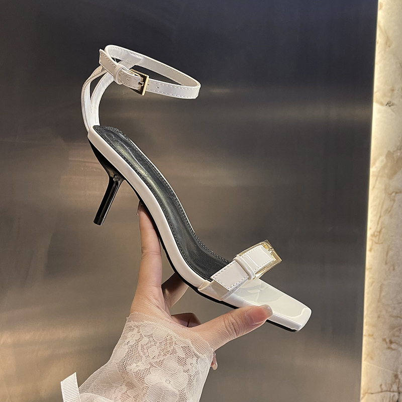 2025 Summer Black Square Toe Sexy High Heel Women's Sandals One-Strap Buckle Open Toe Thin Heel Niche Design - Image 4