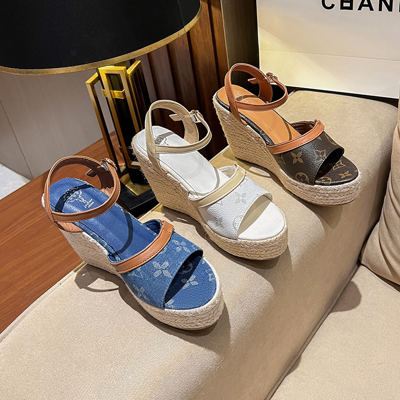 European Size 11cm Wedge Heel Sandals 2024 Summer New Straw Woven Fashion Thick Sole Open Toe Ultra High Heels