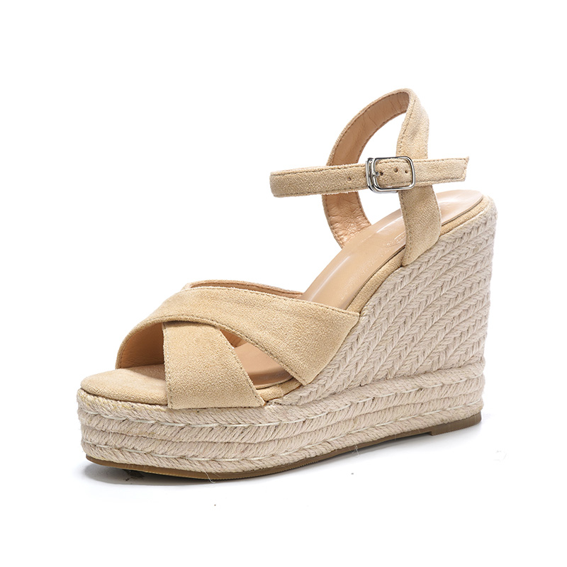 Women's Wedge Woven Sandals 2025 Summer Non-Slip Thick Sole Height Increasing Slimming Korean Suede Leather Slippers - Image 5